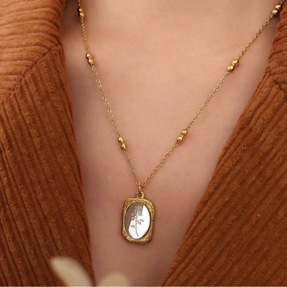 18K Gold PVD Coating Mirror Effect Rose Pendant Beaded Dainty Chain Necklace - Picture 2 of 13